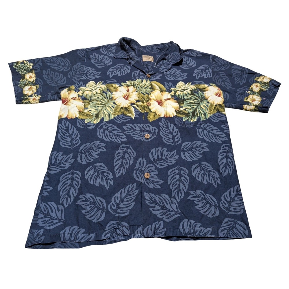 Aloha Hut Hawaii Shirt Men L Blue Hibiscus Floral Tropical Cotton Camp Button Up